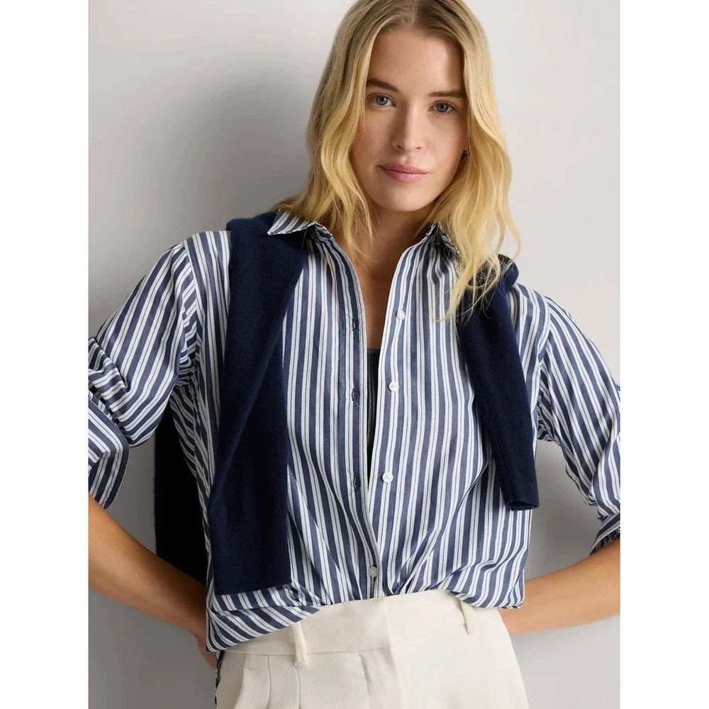 Quince 100% Organic Cotton Poplin Long Sleeve Shirt Size S Hudson Striped Button
